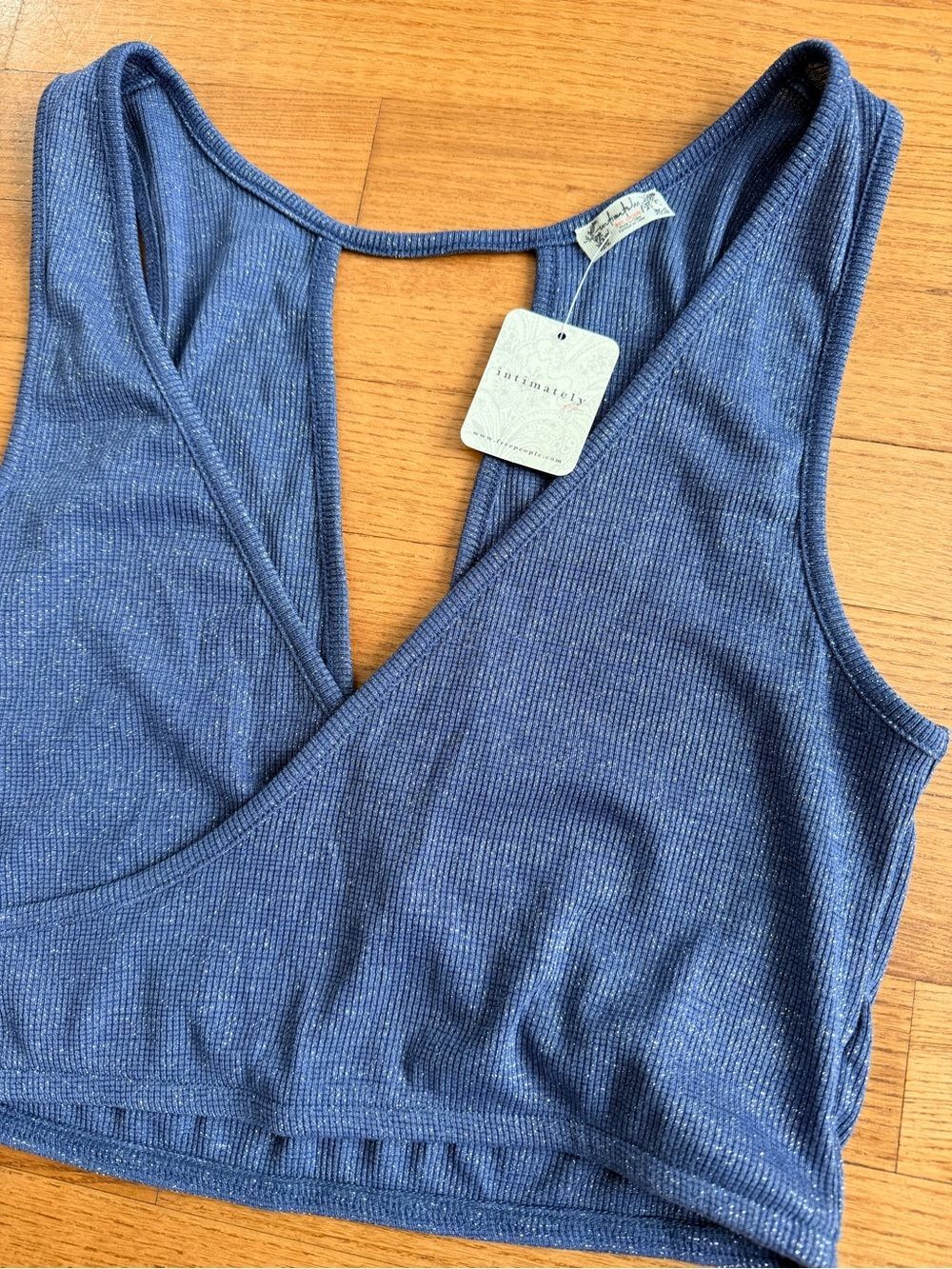 NWT Free People Small Intimately Blue Metallic Ribbed Wrap Crop Top Bralette - Picture 4 of 6